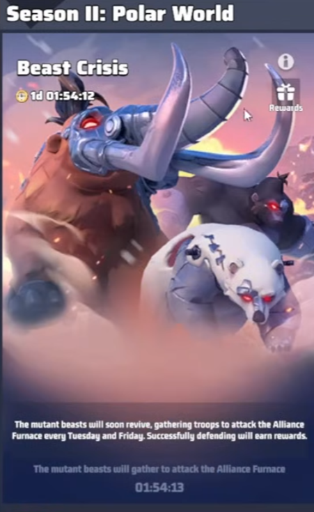 Beast Crisis event UI showing mutant Mammoth, Polar Bear and Gorilla with countdown 1d 01:54:12, defending the Alliance Furnace on Tuesdays and Fridays