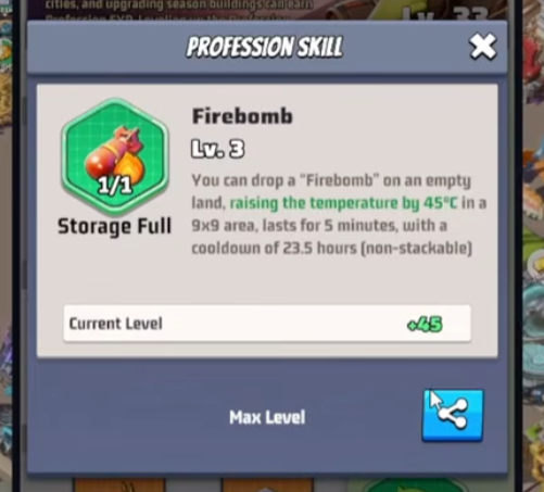 Firebomb profession skill — drop on empty land, +45°C in 9x9 for 5 min, 23.5h cooldown