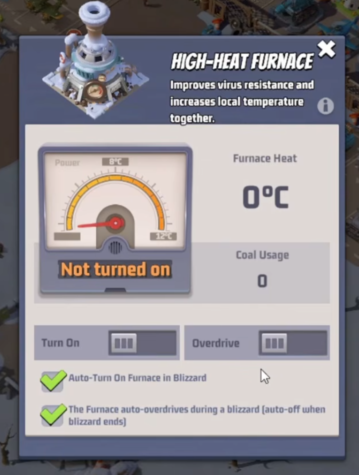 High-Heat Furnace UI showing 0°C, Furnace Heat, Coal Usage, Turn On / Overdrive toggle