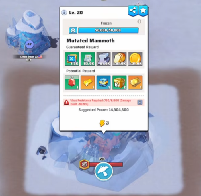 Mutated Mammoth boss screen — high HP, suggested 10M+ power