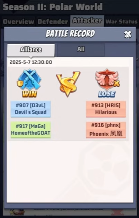 In-game RSW Battle Record showing 2v2 alliance match outcome with winners and losers