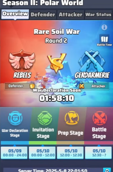 In-game Rare Soil War Overview screen showing Round 2, Rebels (Defender) vs Gendarmerie (Attacker), and the four stages with calendar dates and clock times
